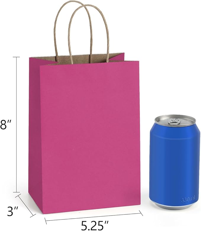BagDream Small Gift Bags 25Pcs 5.25x3x8 Hot Pink Paper Bags with Handles, Kraft Pink Paper Sacks for Small Gifts, Birthday, Wedding Party Favor, Retail, Merchandise