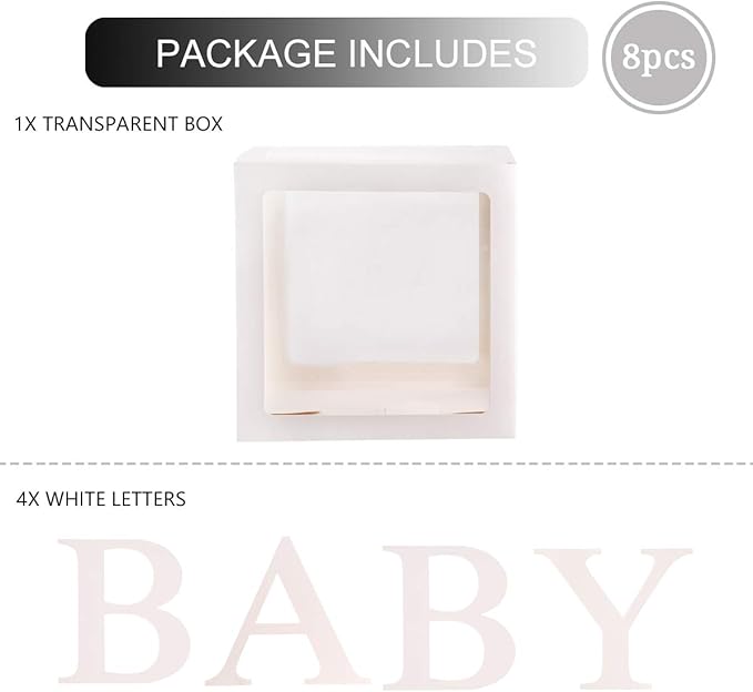 Baby Shower Boxes Party Decorations – 4 pcs Transparent Balloons Boxes Décor with Letters Baby Blocks Design for Baby Shower Gender Reveal Backdrop