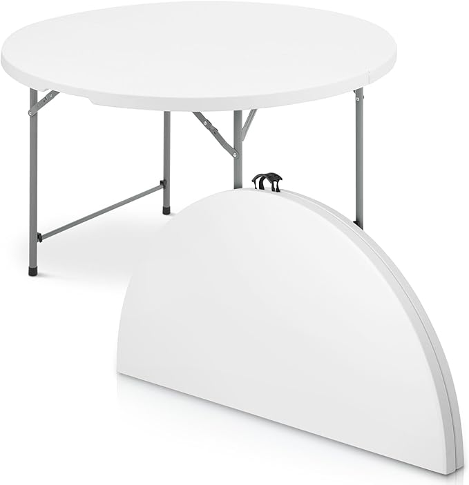 OS MOTOR 4.5ft Round Folding Table with Carry Handle, Portable Heavy Duty Plastic Utility Table with Steel Legs for Party, Wedding, Camping, Indoor, Outdoor Event, 54 Inch, White