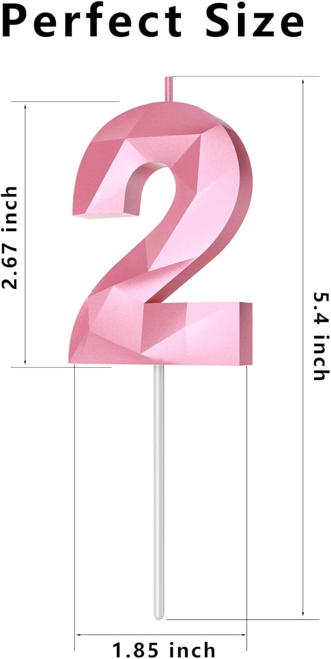 Number Birthday Candles(2 Candle Pink) 3D Diamond Shape 2nd Happy Birthday Cake Topper Decorations for Girl Women Birthday Wedding Anniversary Celebration Theme Party Supplies