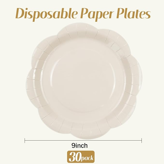 30 Pack Ivory Paper Plates 9 Inch, Disposable Cream Scalloped Plates Cake Dessert Plate for Dinner Baby Shower Wedding Bridal Shower Birthday Party Supplies (Ivory, 9 inch)