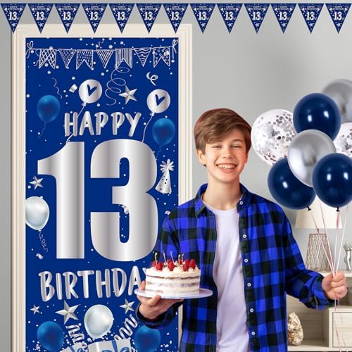 13th Birthday Decorations for Boys Girls, Blue Silver 13th Party Decor Set