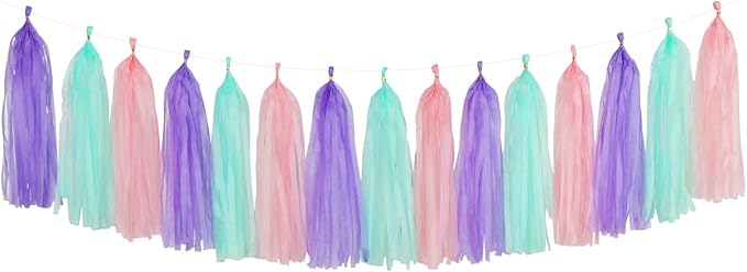 Pink-Purple Mint Mermaid Ocean-Themed Party-Decorations - 15pcs Tassel Garland Streamers Wedding Birthday Engagement Baby Bridal Shower Tassels Banner Decor Panduola