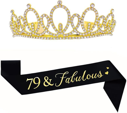 Mayin Happy 79th Birthday Tiara and Sash Gifts Crystal Rhinestone Princess Crown Birthday Women Party Favor Supplies Gold Crowns Black Sash