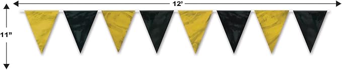 Beistle Black & Gold Pennant Banner – 12-Foot All-Weather Flag Garland with Alternating Triangle Pennants, Indoor or Outdoor Party Decoration for Celebrations, Graduations, or New Year’s Events, 12’ x 11”