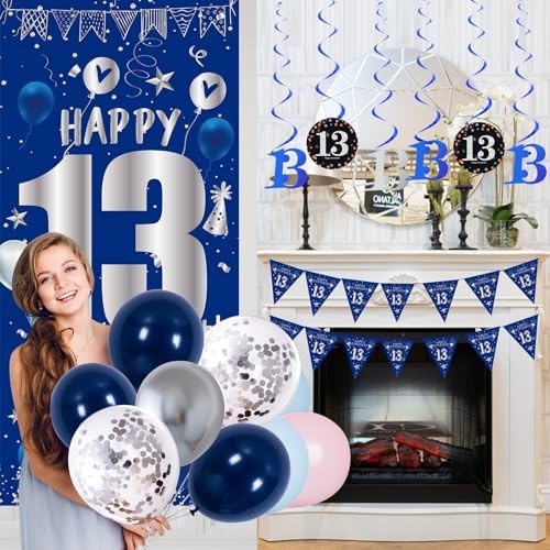 13th Birthday Decorations for Boys Girls, Blue Silver 13th Party Decor Set