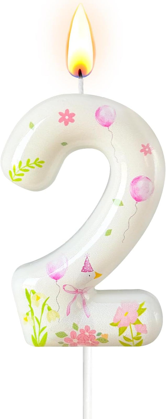 Number 2 Birthday Candle for Cake – Goose Inspired Design with Floral, Balloon & Leaf Details – Farm Theme Cake Topper for Birthday Party Decoration