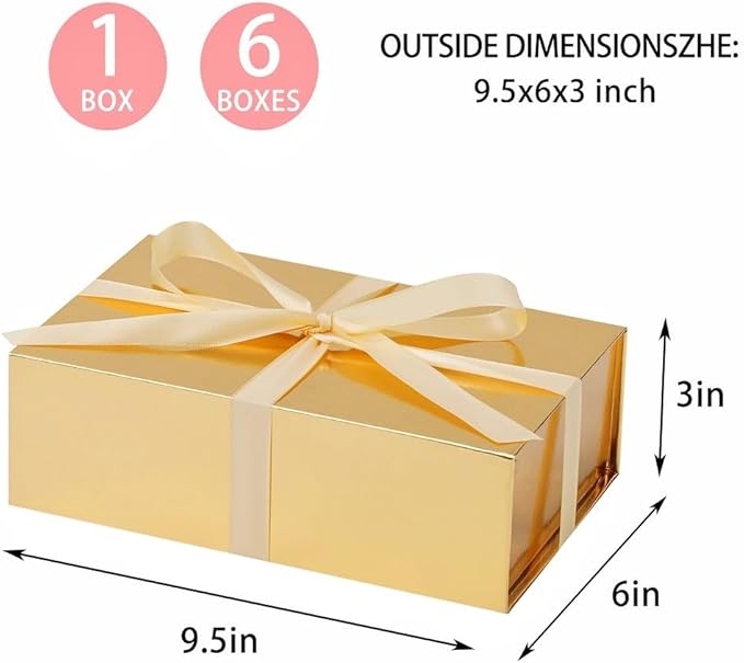 UoeRing 6 Pack Gold Gift Box 9.5x6x3 inch Small Luxury Gift Box for Presents with Magnetic Lid Collapsible,Bridesmaid Proposal,Contains Card, Ribbon, Tissue Paper,Shredded Paper Fille