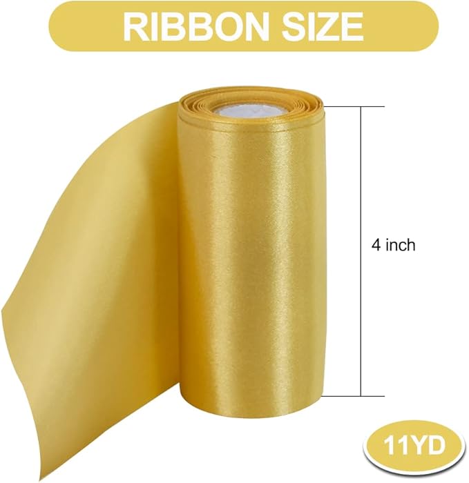 TONIFUL 4 Inch x 11 Yards Wide Gold Satin Ribbon Solid Fabric Large Ribbon for Cutting Ceremony Kit Grand Opening Chair Sash Table Hair Car Bows Sewing Craft Gift Wrapping Wedding Party Decoration
