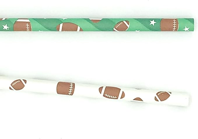 100 pcs Sports Party Paper Straws, Green White Brown Rugby Football Bar Soda Beer Beverage Drinking Straws, Biodegradable Game Day Decor Touch Down Craft Cake Pop Sticks (Football Mixed)