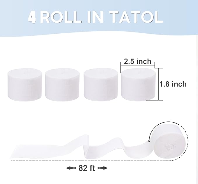 4 Rolls Crepe Paper White Streamers – Perfect for Streamers Party Decorations, Wedding, Birthday, Colored Decor, and DIY Craft Supplies(1.8 Inch x 82 Ft/Roll)