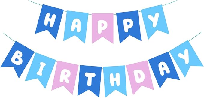 ZHENGYE Blue Pink Happy Birthday Banner - Blue Theme Party Sign for Kids & Girls Birthday Decorations