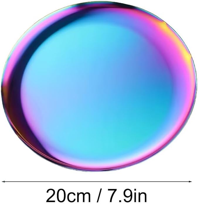 7.9in Round Serving Tray, Stainless Steel Decorative Metal Tray for Coffee Table, Vanity, Perfume, Jewelry, and Entryway Catchall Organizer Laser