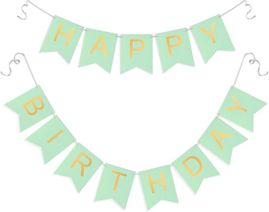 Green Happy Birthday Banner - Mint Green Hanging Backdrop Sign with Gold Letters, Happy Birthday Sign Bunting Decorations for Women men Kids Baby Shower Party Supplies (13pcs)