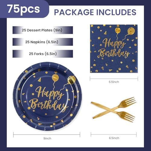 75PCS Happy Birthday Paper Plates&Nakpins Set,Disposable Blue and Gold Dessert Plate Graduation Napkins Forks Paper Tableware for Birthday Graduation Retirement Party Decorations Serve 25