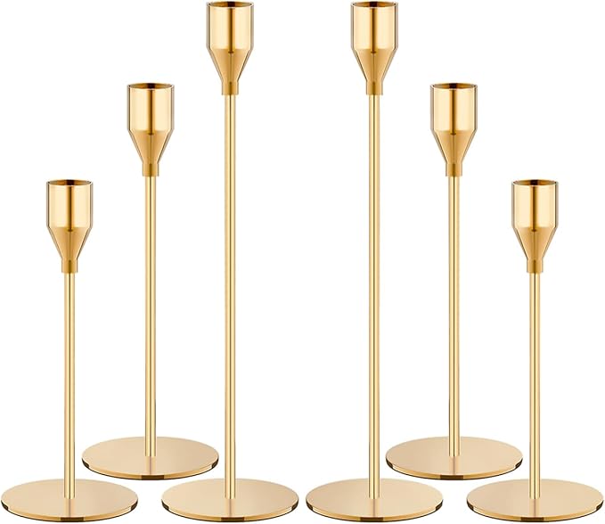 NLBTW Set of 6 Gold Taper Candle Holders, Tall Candlesticks Holder for Dining Table Centerpiece, Fall Decor, Fireplace Mantel & Wedding Gift (Fits 3/4" Thick Candles)