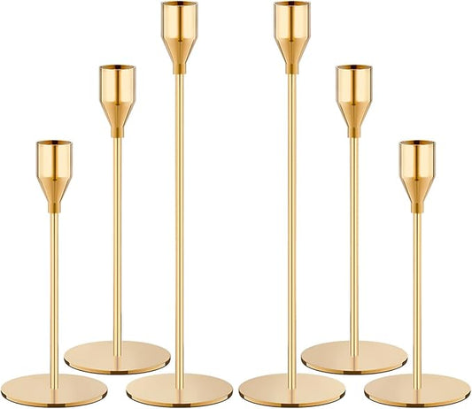 NLBTW Set of 6 Gold Taper Candle Holders, Tall Candlesticks Holder for Dining Table Centerpiece, Fall Decor, Fireplace Mantel & Wedding Gift (Fits 3/4" Thick Candles)