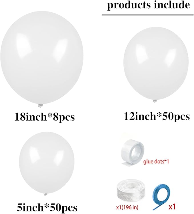 White Balloon Different Sizes, 111Pcs 18 12 5 Inch Matte White Latex Balloon Arch Kit Garland for Wedding Bridal Graduation Baby Shower Birthday Party Decorations