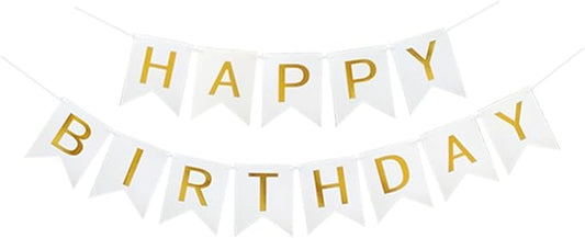 Happy Birthday Banner With Shiny Gold Letters, Swallowtail Design Hanging Signs Party Decorations (White)