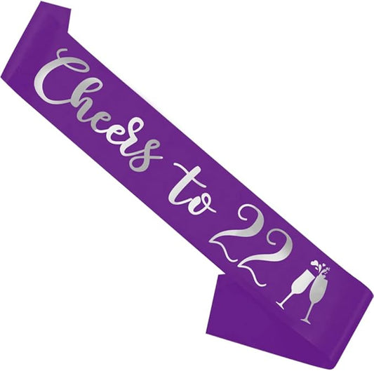 Birthday Sash Purple, 'Cheers To 22' Birthday Sash for Girl Women and Men with Silver Foil Letters for Funny Party Favor Supplies 22 Purple Silver