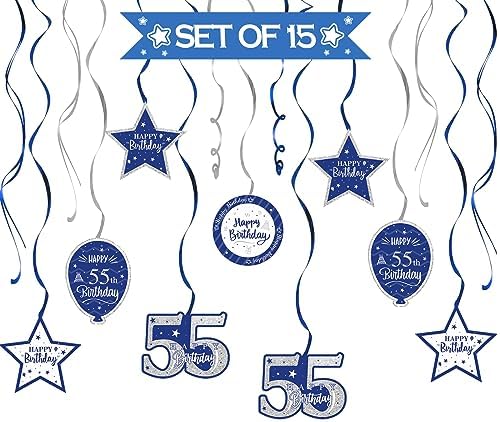Happy 55th Birthday Blue & Silver Glitter Swirls Streamers Party Decorations - 15 Pcs 55th Birthday Hanging Swirls Streamers Kit,Perfect for 55th Bday Party Sign.