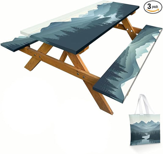 Mountain Landscape Picnic Table Cover with Bench Covers and Carrying Bag, Green Nature Forest Woodland Outdoor Camping Essentials 6FT 4PCS Fitted Rectangle RV Must Haves Tablecloth