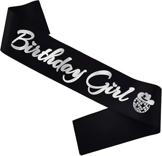 Birthday Girl Sash, Disco Cow Birthday Sash for Cowgirl Funny Birthday Gift Ideas Suppiles, Black+ Silver Foil