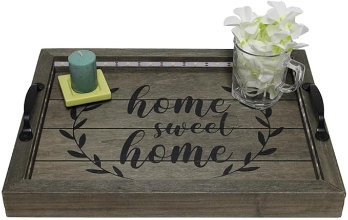 Elegant Designs HG2032-RGS Salento Farmhouse Rectangular Decorative LED Light Up Wooden Serving Tray w Metal Handles & Home Sweet Home in Black for Décor, Centerpiece, Breakfast, Bar, Rustic Gray