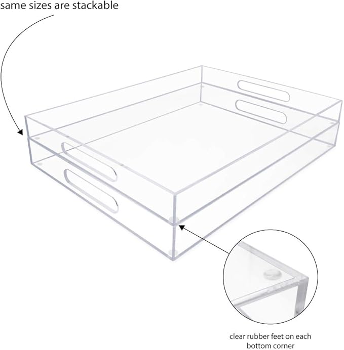 Isaac Jacobs Clear Acrylic Serving Tray (14x18) with Cutout Handles, Spill-Proof, Stackable Organizer, Space-Saver, Food & Drinks Server, Indoors/Outdoors, Lucite Storage Décor & More