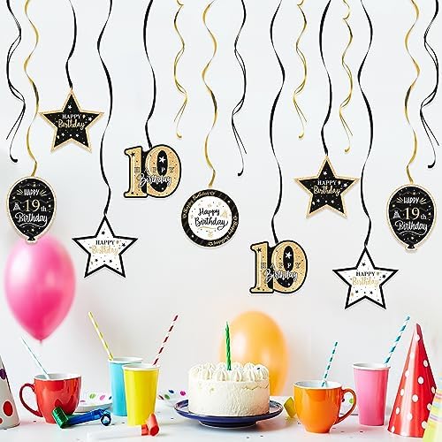 Happy 19th Birthday Black & Gold Glitter Swirls Streamers Party Decorations - 15 Pcs 19th Birthday Hanging Swirls Streamers Kit,Cheers to Nineteen Years Old Bday Party Sign.