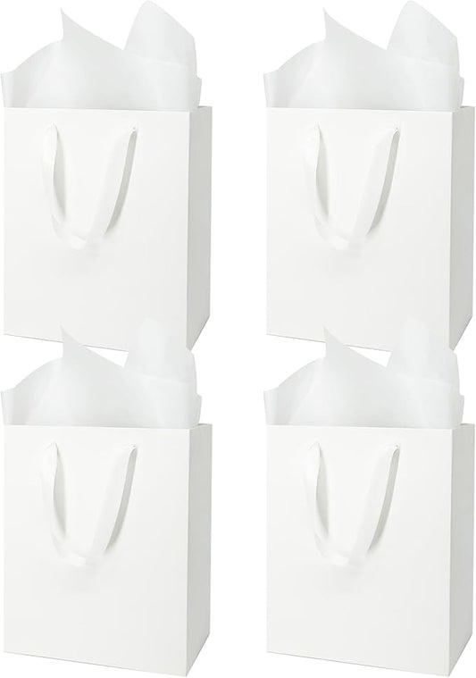 MOXARYSU 4 Pcs Medium White Gift Bags: 8x5x10 Inches Gift bags With Handles Party Favor Bags With 8 Tissue Paper For Party,Birthday,Baby Shower,Wedding（White）