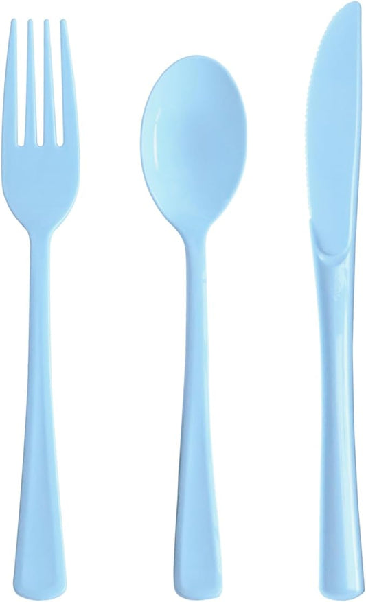 150 Pack Blue Plastic Silverware, Light Blue Plastic Utensils Heavy Duty, 50 Forks, 50 Knives, 50 Spoons for Birthday Wedding Baby Shower Boy