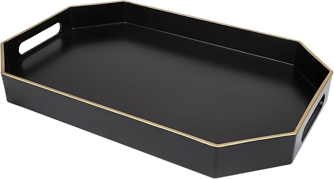 Black Decorative Tray with Handles, Octagon Versatile Serving Tray for Coffee Table, Ottoman, Ideal for Serving, Displaying, Organizing