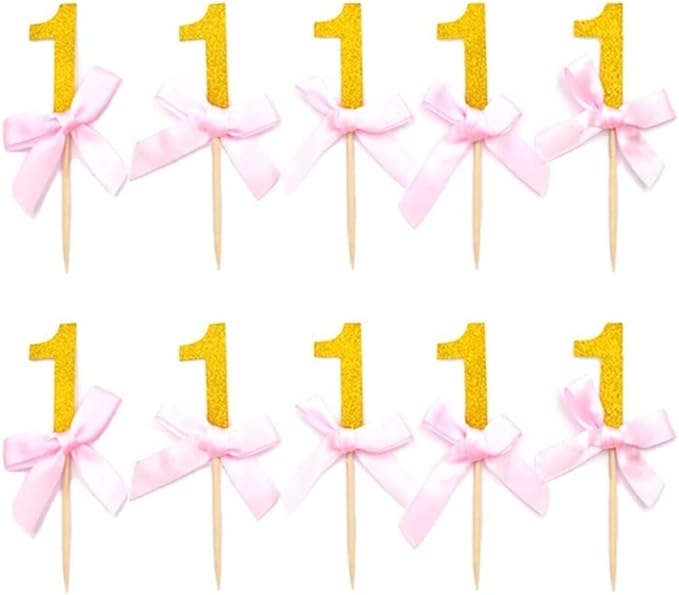 Number One Cupcake Toppers Glitter With Pink Ribbon Bow 1st One Birthday Decorations Kids' Gathering DIY Home Theme Party Food Fruit Cake Picks for Baby Shower Decor (20PCS Gold)