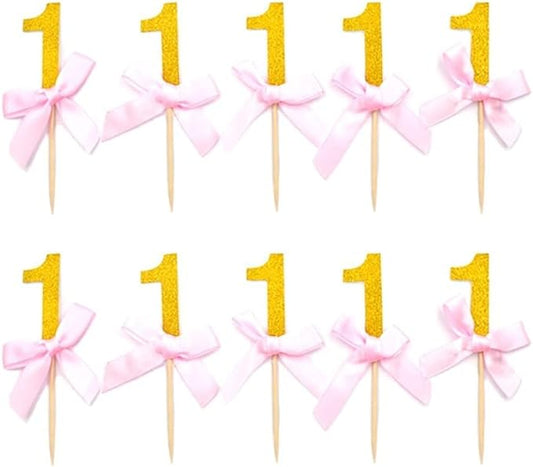 Number One Cupcake Toppers Glitter With Pink Ribbon Bow 1st One Birthday Decorations Kids' Gathering DIY Home Theme Party Food Fruit Cake Picks for Baby Shower Decor (20PCS Gold)