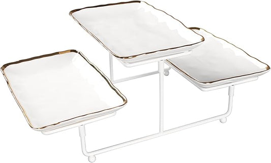 3-Tiered Serving Rack with Ceramic Tray, Foldable Stand with 3-PCS Rectangular 9.8 Inch Gold Rim Plates, for Food Display, Fruit, Dessert，Decoration for Parties Entertaining