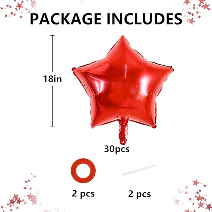 TONIFUL 30Pcs 18 Inch Large Red Star Shape Foil Balloons Big Red Stars Helium Mylar Ballons for Birthday Wedding Baby Shower Anniversary Engagement Party Decorations Supplies