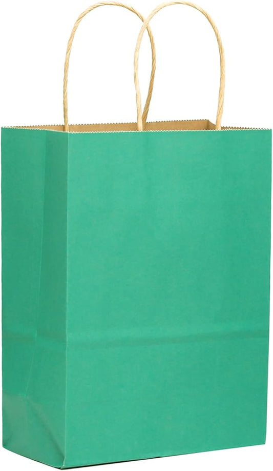 qiqee 100-Packs Mint Green Paper Gift Bags with Handles Bulk 8.26"×6"×3.15" Small Size Gift Bags Multiple Uses