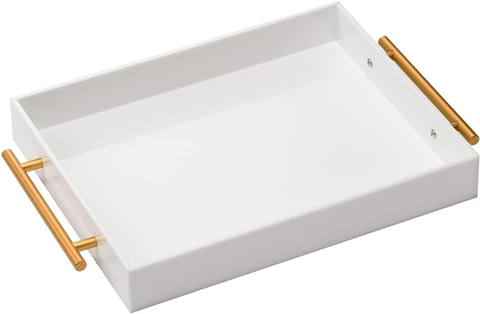 Glossy White Acrylic Lucite Serving Tray with Metal Handles,No Need to Assemble,11x14 Inch,Decorative Storage Organizer with Spill-Proof Design,Serving for Coffee,Breakfast,Dinner and More