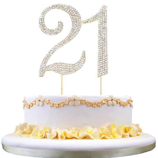 21 Cake Topper 21th Birthday Diamond Cake Topper for Girls 21 Bling Rhinestone Cake Decoration Party Supplies Keepsake，Gold