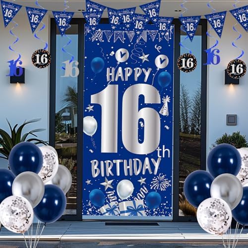 16th Birthday Decorations for Boys, Blue Happy 16th Birthday Decoration Boy
