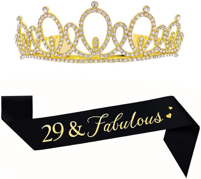 Mayin Happy 29th Birthday Tiara and Sash Gifts Crystal Rhinestone Princess Crown Birthday Women Party Favor Supplies Gold Crowns Black Sash