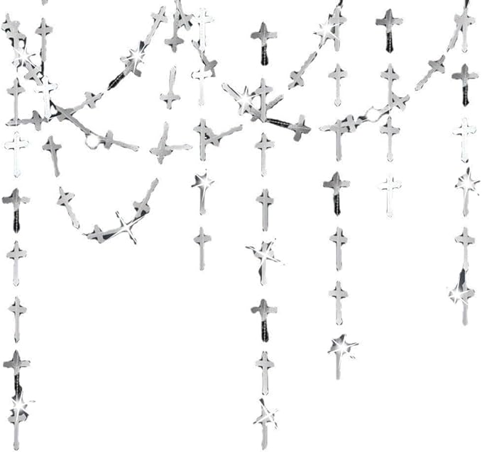 52.5FT Cross Garlands, Sliver Christ Cross Hanging Decor, Ceiling Hanging Decoration for Easter Baptisms Christening Wedding Baby Shower