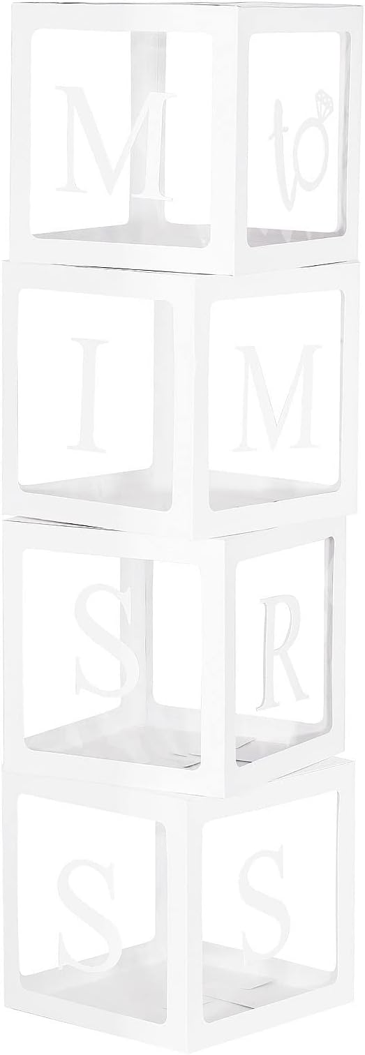 Fonder Mols 4pcs White Transparent Balloon Boxes with Letters MISS TO MRS for Wedding Bridal Shower Engagement Cake Smash Backdrop(No Balloons)