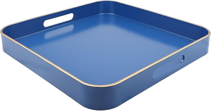 Royal Blue Square Decorative Tray with Handles, 13"*13" Versatile Serving Tray for Coffee Table, Ottoman, Ideal for Serving, Displaying, Organizing