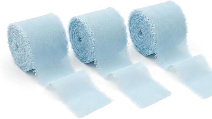 Handmade Chiffon Ribbon 1.5 Inch Wide, 3 Rolls 21 Yards — Sky Blue Frayed Edge Fabric Ribbon for Wedding Styling, Floral Tying, Gift Wrapping & Home Decor(Sky Blue)