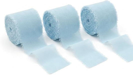 Handmade Chiffon Ribbon 1.5 Inch Wide, 3 Rolls 21 Yards — Sky Blue Frayed Edge Fabric Ribbon for Wedding Styling, Floral Tying, Gift Wrapping & Home Decor(Sky Blue)