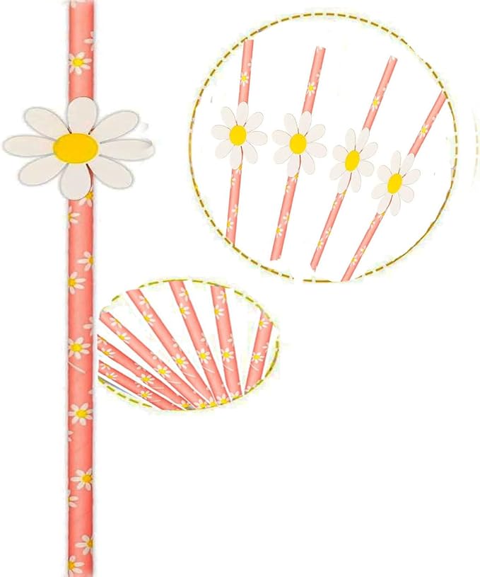 Disposable Daisy Paper Straws - Floral Straws for Kids Birthday Party Supplies Daisy Decorations Bridal Shower, Daisy Baby Shower, Wedding Party, Engagement, Birthday Party 20Pcs（Pink）