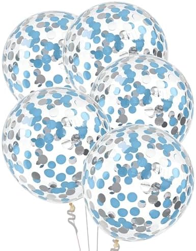 VHUWE Light Blue Silver Confetti Balloons 25 Pcs, 12 Inch Thickened Clear Latex Balloon with Confetti Inside for Birthday Party Baby Shower Graduation Anniversary Engagement Decorations Supplies