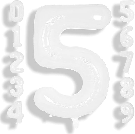 SUWEN 40 Inch White Large 5 Balloon Number Big Foil Helium Number Balloons 0-9 Giant Jumbo Happy 5th Birthday Party Decorations for Boy or Girl Huge Mylar Anniversary Party Supplies